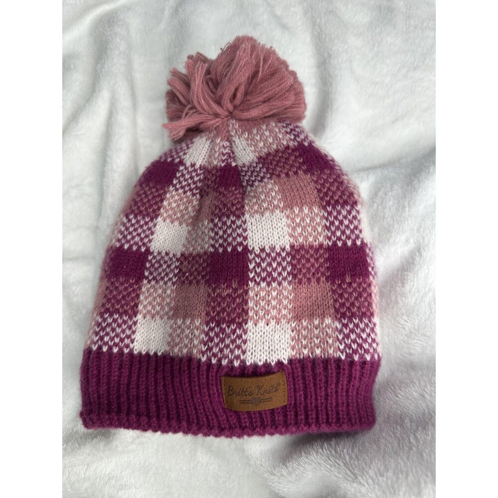 Britt's Knits Hat Beanie OS Pink Plaid Pom Lined Fleece Womens Winter Knit